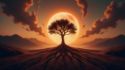 Majestic Tree Silhouette with Expansive Roots against a Fiery Sunset