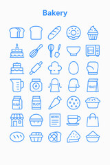 Fototapeta premium Bakery themed outline icons featuring bread, cakes, utensils, and ingredients, arranged in a grid pattern.