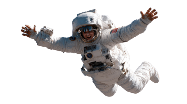 Astronaut's weightless Joy: A daring astronaut floats in the boundless expanse, their arms outstretched in joyous abandon, against the backdrop of an endless, celestial void.