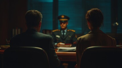 Late-night legal consultation in a public office, a professional lawyer and his client sit side by side, facing a man in uniform behind a desk. Papers and folders on the table