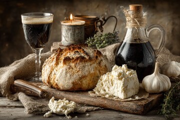 Rustic Feast: A delightful still life composition presents a rustic feast, featuring freshly baked bread, aged cheese, a rich glass of red wine, and aromatic olive oil.