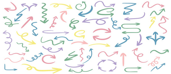 Set various hand drawn arrows different shapes thicknesses