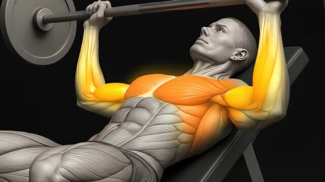 3D anatomical render of a male athlete performing incline bench press, highlighting activated upper chest, shoulder, and triceps muscles in red. Ideal for anatomy, fitness, and training guides.