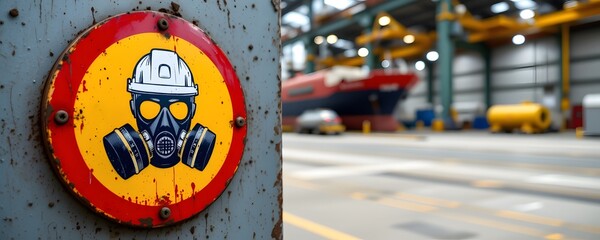 Workplace Hazard Warning: A vivid warning sign with a gas mask icon, conveying a strong message of workplace safety, against the backdrop of an industrial setting.