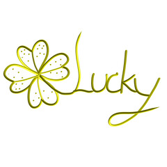 Golden letters with the word Lucky and a clover leaf drawing isolated on a transparent background.