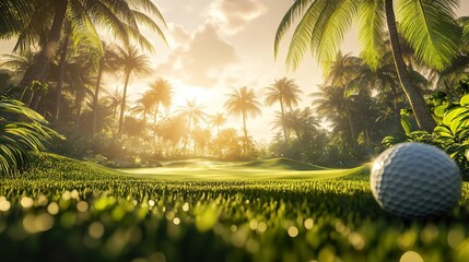 Golf ball in motion above tropical golf course, palm trees, bright sunlight