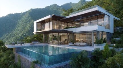 Fototapeta premium Luxurious Modern Villa Overlooking Lush Green Mountains and Pool