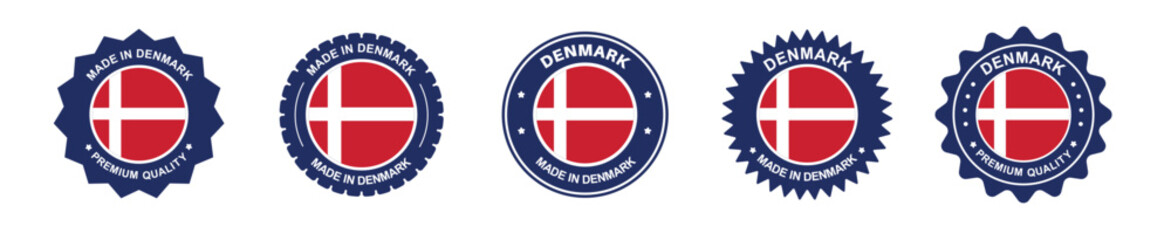 denmark product label set. denmark flag, premium made in denmark . Labels, seals, stamps, flags, icons