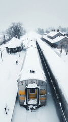 Snow-covered passenger train at a rural station on a foggy winter day, surrounded by rooftops blanketed in white.