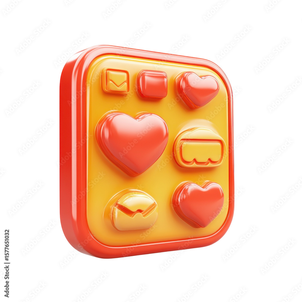 Poster 3d icon of app with heart message and button design love and connection on transparent background