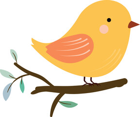 Yellow Bird Illustration Perched on a Branch in Flat Cartoon Style
