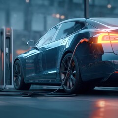 Red luxury sports car in motion on a street ev