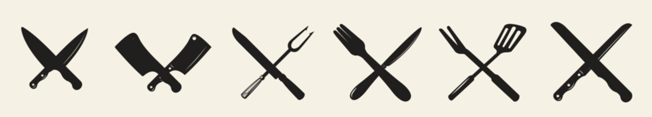 Set restaurant knives icons crossed fork kitchen spatula butcher s ax elements logo label emblem. sig