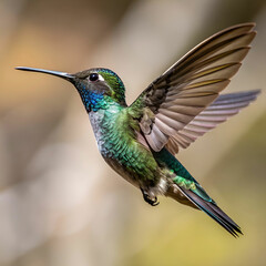 Fototapeta premium a hummingbird frozen in mid flight iridescent