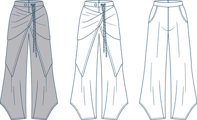 CAD drawing flat vector illustration of fashionable wide leg pants with gathered drape detail, technical fashion design sketch