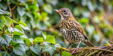 A speckled bird perched on a verdant branch, amidst a lush backdrop of vibrant green foliage, showcasing its detailed plumage