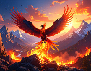 A phoenix rising from a fiery landscape embodies themes of rebirth and power 4K wallp 