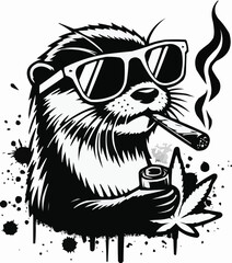 Vector art of a cool otter wearing sunglasses, smoking a joint and holding a pipe