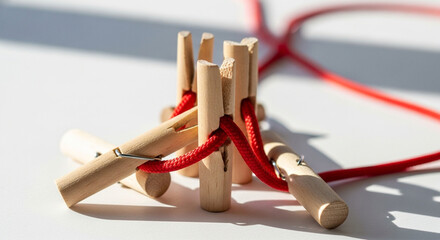 Intricate Wooden Puzzle with Red Cord Challenges Dexterity and Problem-Solving Skills