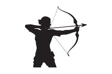 Female Archer Aiming with Bow and Arrow in Silhouette Style Against White Background for Sports and Recreation Imagery silhouette