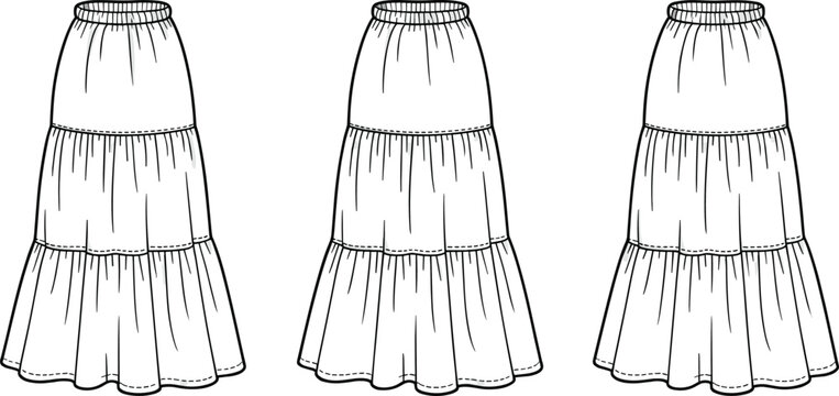 Tiered maxi skirt technical fashion flat sketch, vector illustration, CAD drawing, sewing pattern design, garment silhouette, editable template