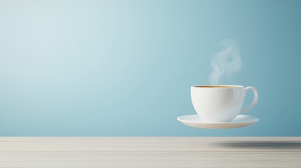 Minimalist Floating Coffee Cup on Wooden Table with Blue Background