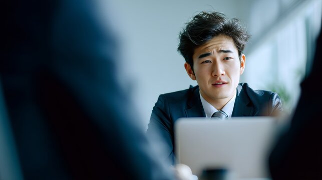 young Japanese man in a meeting, office conference room, suit, young man is speaking, back of laptop visible - Powered by Adobe