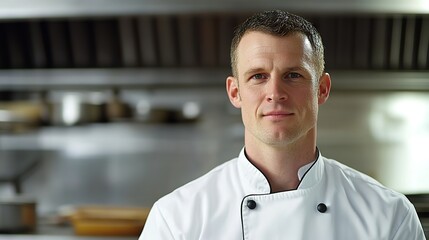 Male chef in crisp white uniform, standing confidently in a commercial kitchen
