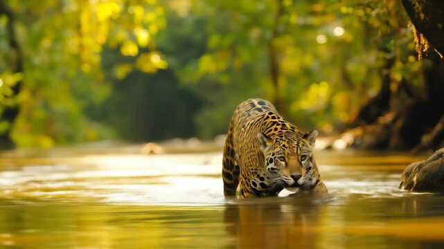 Experience the wild as a jaguar confidently stalks through the shallow river water of its natural habitat, showcasing its strength.