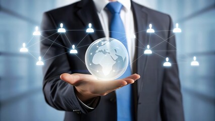Businessman holding glowing globe with network connections. Global connectivity concept with futuristic tech overlay. Professional in suit showcasing organizational structure.