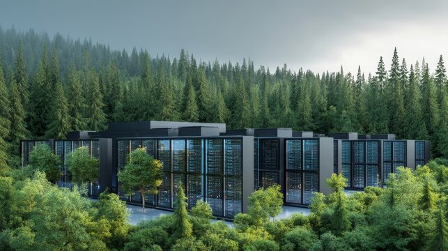 Modern data center with green forest background