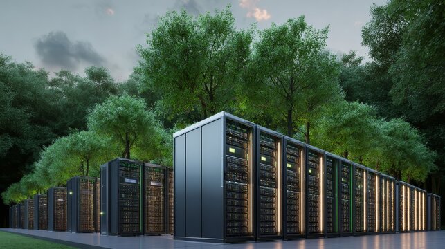 Modern data center with green forest background