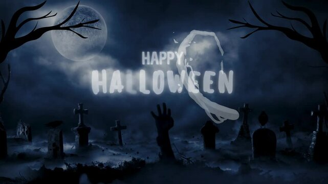 Spooky Halloween Graveyard Night Scene Animated Zombie Hand Rising Moonlit Cemetery Atmospheric Horror October 31 Party Invitation Creepy Background Dark Fantasy Halloween Decoration V F X