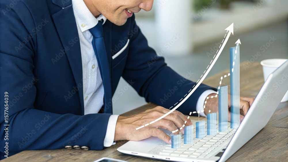 Poster business professional analyzing growth with 3d bar graph overlay. modern office scene with digital d