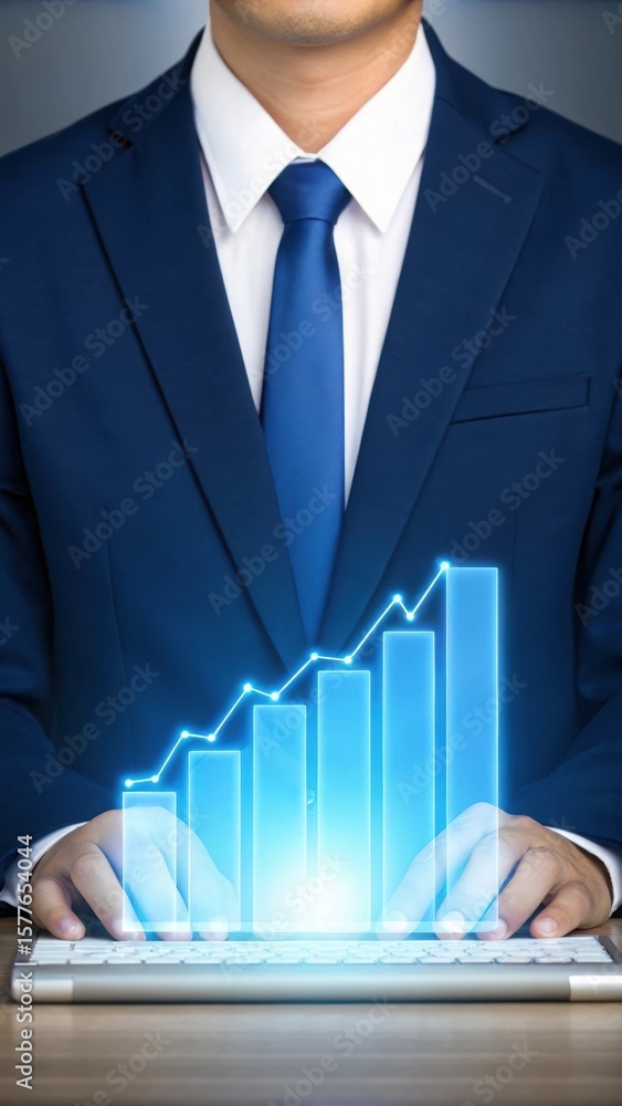 Poster business professional analyzing growth with 3d bar graph overlay. modern office scene with digital d