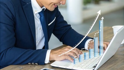 Business professional analyzing growth with 3D bar graph overlay. Modern office scene with digital data visualization. Suited individual working on laptop with progress chart.