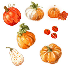 Clipart set of pumpkins in yellow, orange and red colors, fall style, transparent background, 5000x5000 pxl