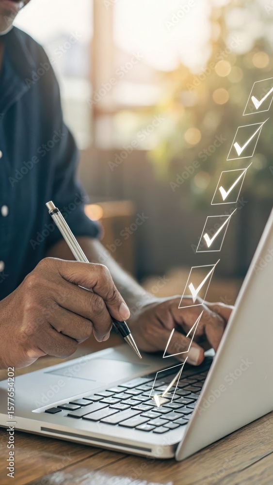 Poster Hand interacting with laptop and digital checkboxes for productivity. Modern office workflow with futuristic task management. Pen hovering over keyboard with organized checkmarks.