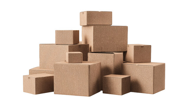 A stack of brown cardboard boxes sits ready for shipping, packing or storage on a dark background, perfect for logistics uses.