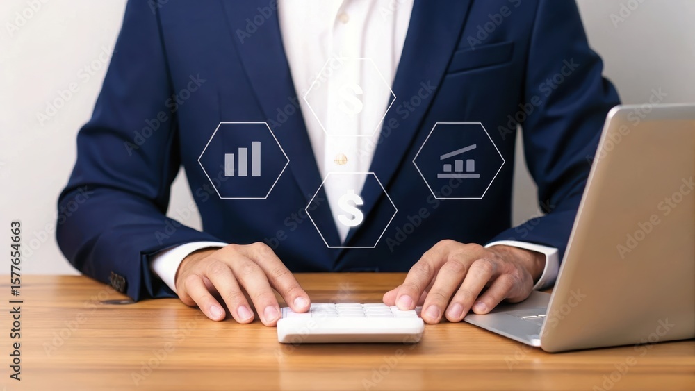 Poster financial professional calculating taxes with hexagonal icon overlay. business person using calculat