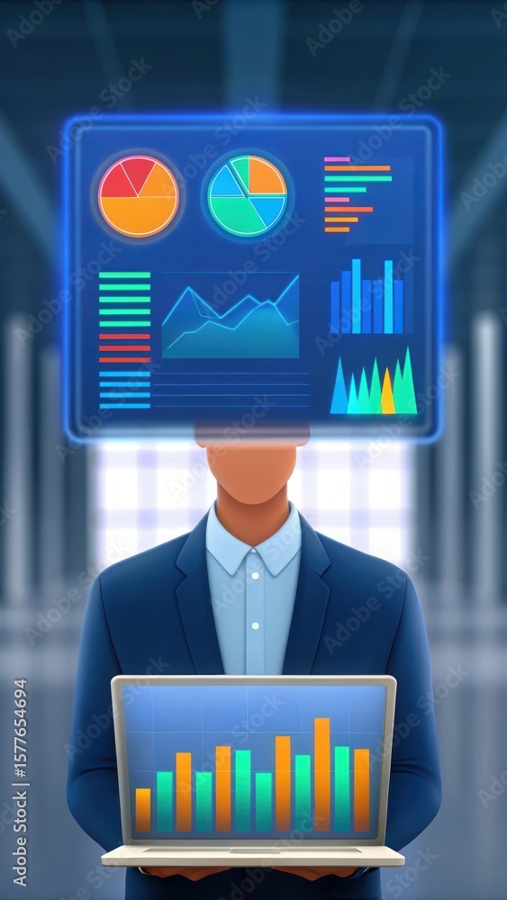 Poster futuristic data analysis with colorful graphs on laptop screen. business professional interacting wi