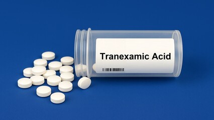 Box of Tranexamic Acid tablets placed on pharmacy table for antifibrinolytic therapy.