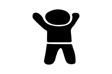 The image shows a black silhouette of a person standing with both arms raised in the air. The figure has a rounded head and a simple, minimalistic design with no facial features.