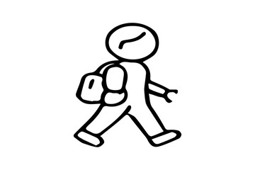 The image shows a simple black-and-white line drawing of a person walking with a backpack. The figure is in mid-step, suggesting movement, and is facing to the right. 
