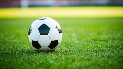 Fototapeta premium Soccer ball on green grass field with goal in background