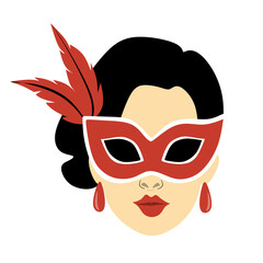 Masquerade Woman with Red Mask and Feather Decoration
