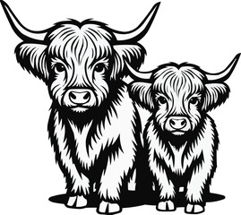 Vector art of a mother highland cow and her calf stand together in a stylized drawing