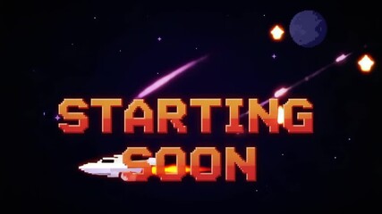 Retro pixel art space stream starting soon animation with spaceship flying past stars and meteorites for streaming background