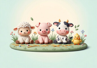 Naklejka premium A charming scene of cute clay animals featuring a sheep, pig, cow and chick sitting together on a grassy surface surrounded by tiny flowers and hay, perfect for springtime themes and children.