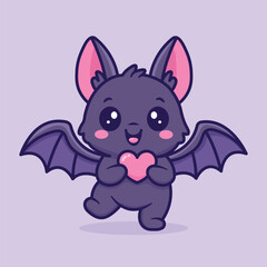 Cute Cartoon Bat Holding a Pink Heart